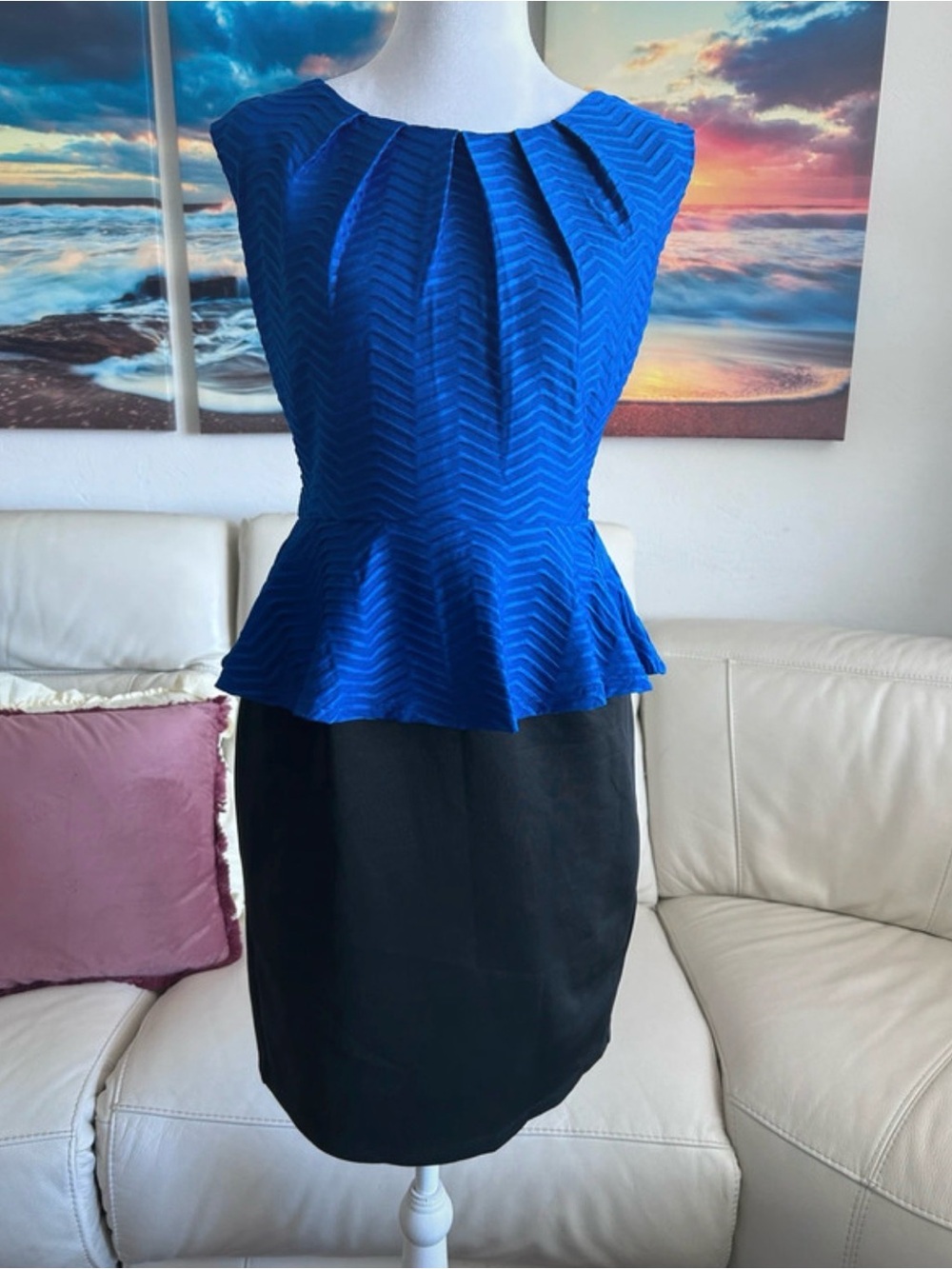 Enfocus Studio Royal Blue and Black Peplum Sheath Dress